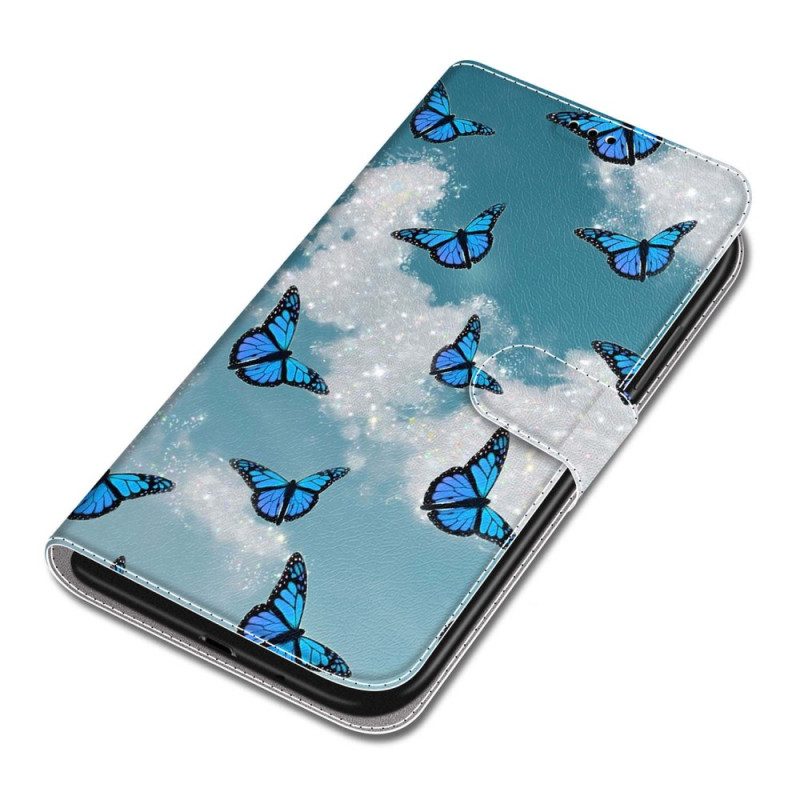 Folio-hoesje Samsung Galaxy S24 Ultra 5g Telefoonhoesje Witte Wolken En Blauwe Vlinders Met Riem