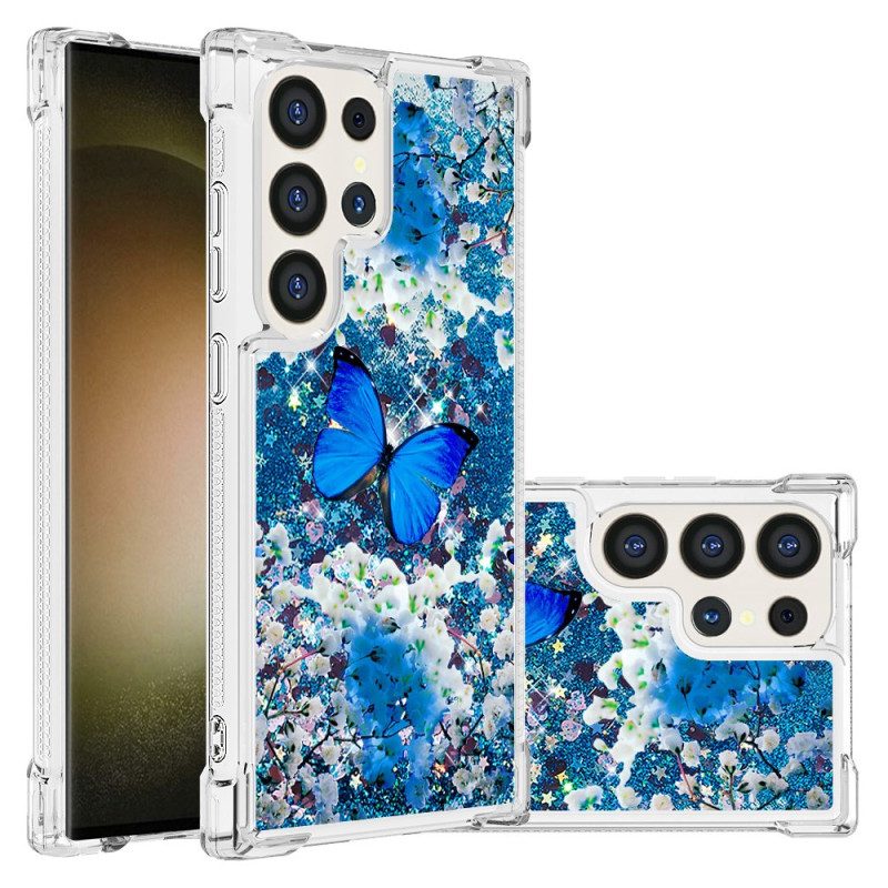 Hoesje Samsung Galaxy S24 Ultra 5g Blauwe Vlinderglitter Bescherming Hoesje