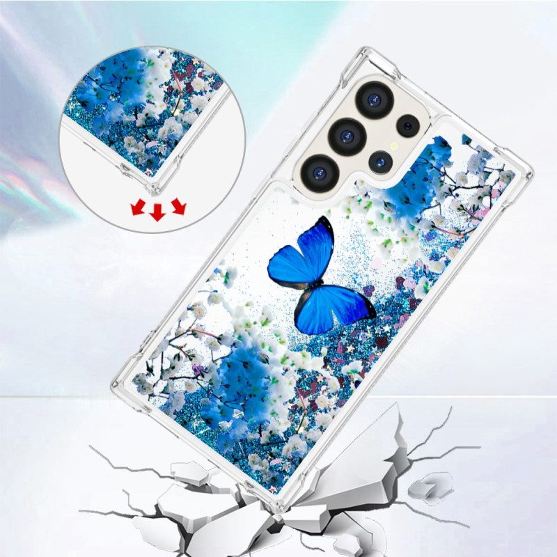 Hoesje Samsung Galaxy S24 Ultra 5g Blauwe Vlinderglitter Bescherming Hoesje