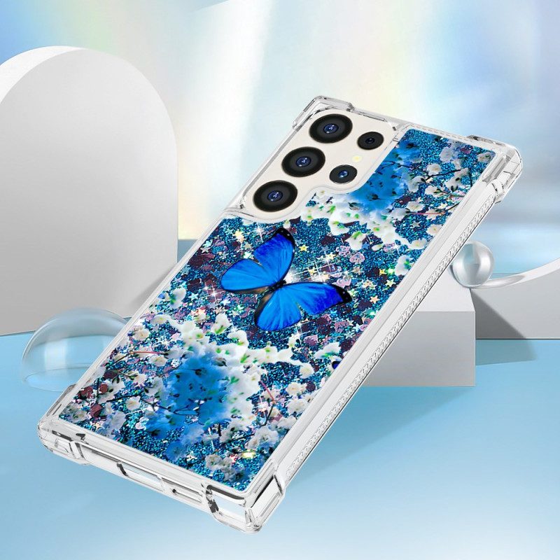 Hoesje Samsung Galaxy S24 Ultra 5g Blauwe Vlinderglitter Bescherming Hoesje