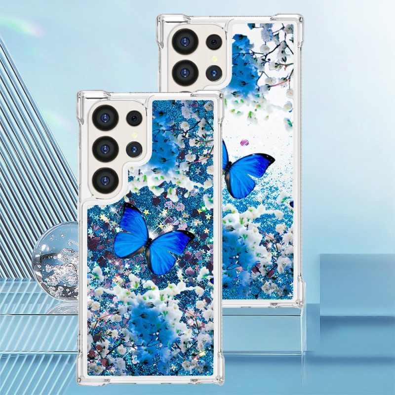 Hoesje Samsung Galaxy S24 Ultra 5g Blauwe Vlinderglitter Bescherming Hoesje