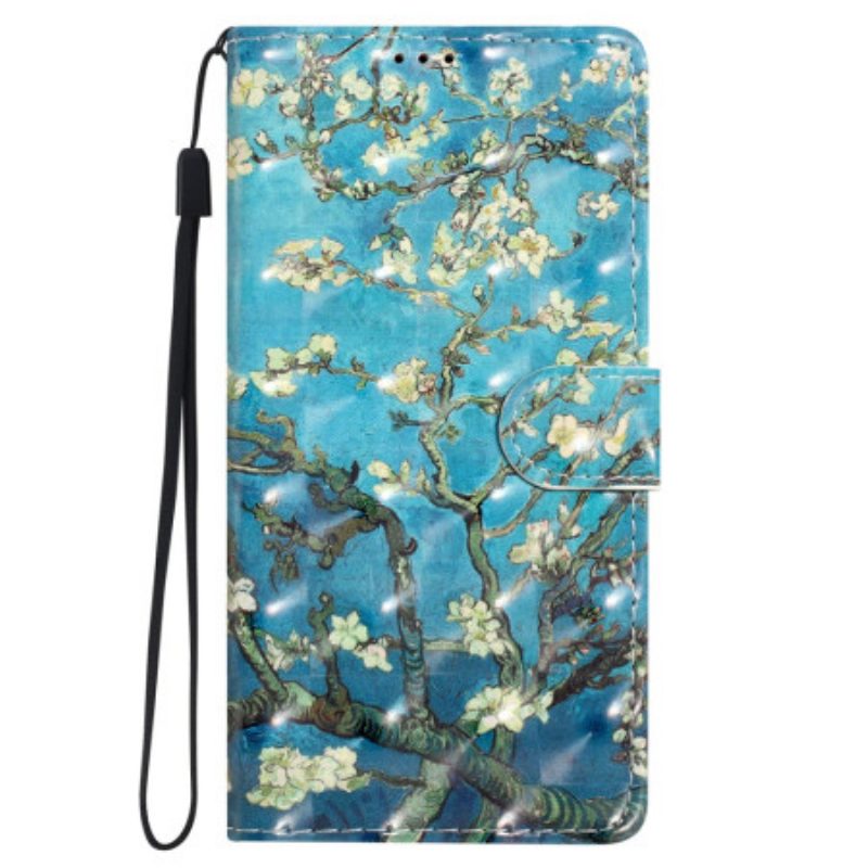 Leren Hoesje Samsung Galaxy S24 Ultra 5g Abrikozenbloemen Met Riempje Bescherming Hoesje