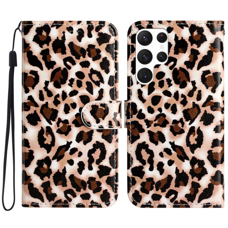 Leren Hoesje Samsung Galaxy S24 Ultra 5g Bandjes Met Luipaardprint Bescherming Hoesje