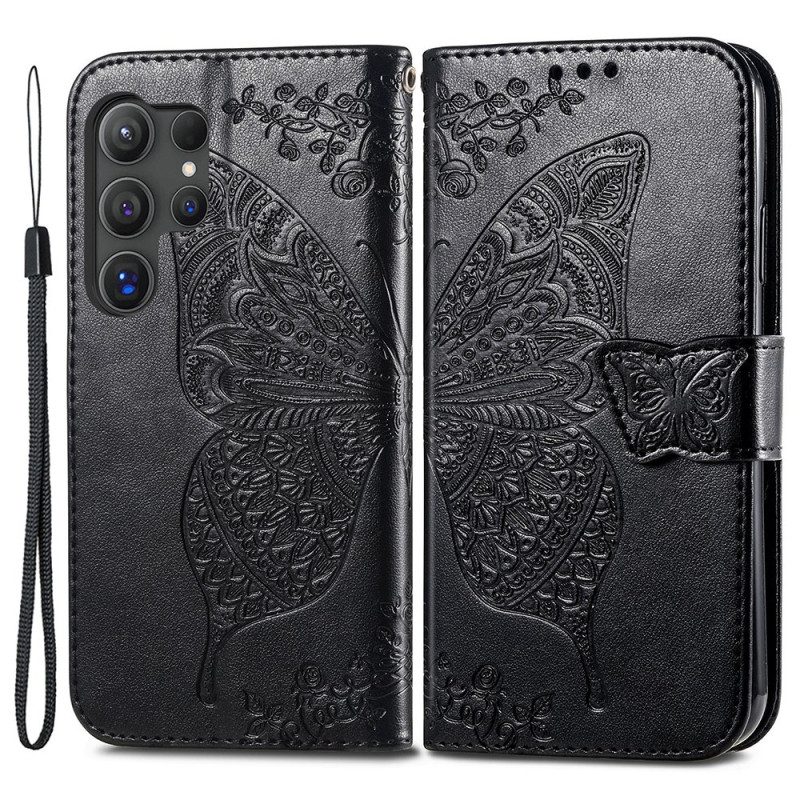 Leren Hoesje Samsung Galaxy S24 Ultra 5g Barok Vlinder Met Riem Bescherming Hoesje