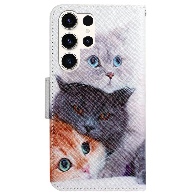 Leren Hoesje Samsung Galaxy S24 Ultra 5g Drie Katten Met Riemen