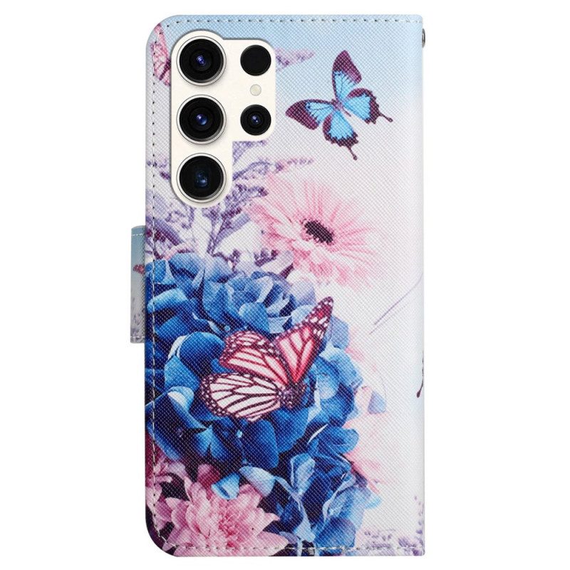 Leren Hoesje Samsung Galaxy S24 Ultra 5g Paarse Vlinders Met Riempje Bescherming Hoesje