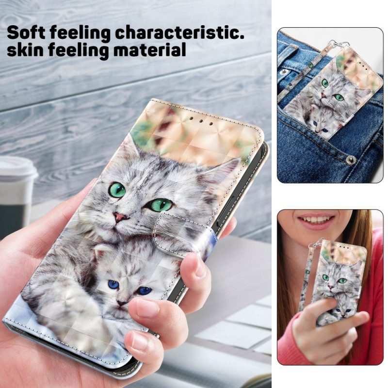 Leren Hoesje Samsung Galaxy S24 Ultra 5g Twee Katten Met Riemen Bescherming Hoesje