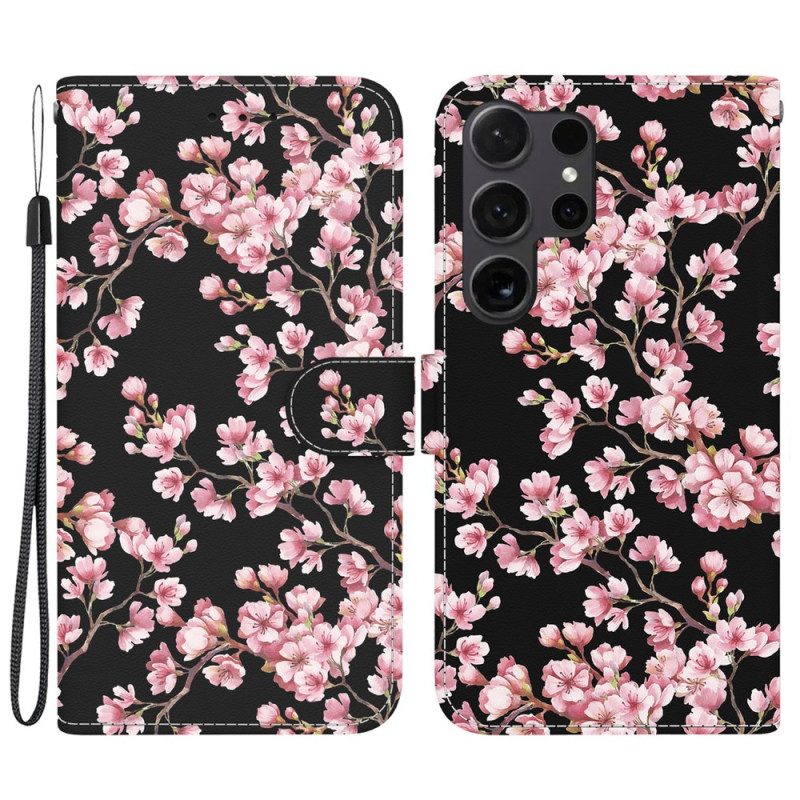 Leren Hoesje Samsung Galaxy S24 Ultra 5g Vastgebonden Pruimenbloesems Bescherming Hoesje