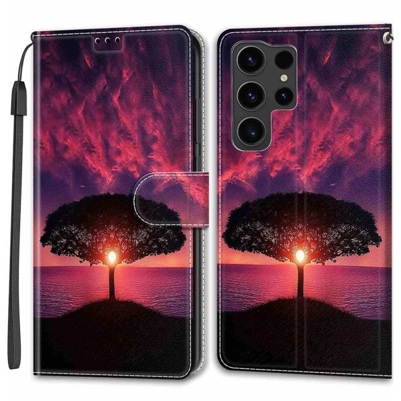 Leren Hoesje Samsung Galaxy S24 Ultra 5g Zwarte Boom- En Zonsondergangband Bescherming Hoesje