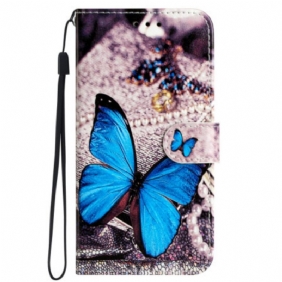 Leren Hoesje Voor Samsung Galaxy S24 Ultra 5g Blauwe Vlinder Met Riem