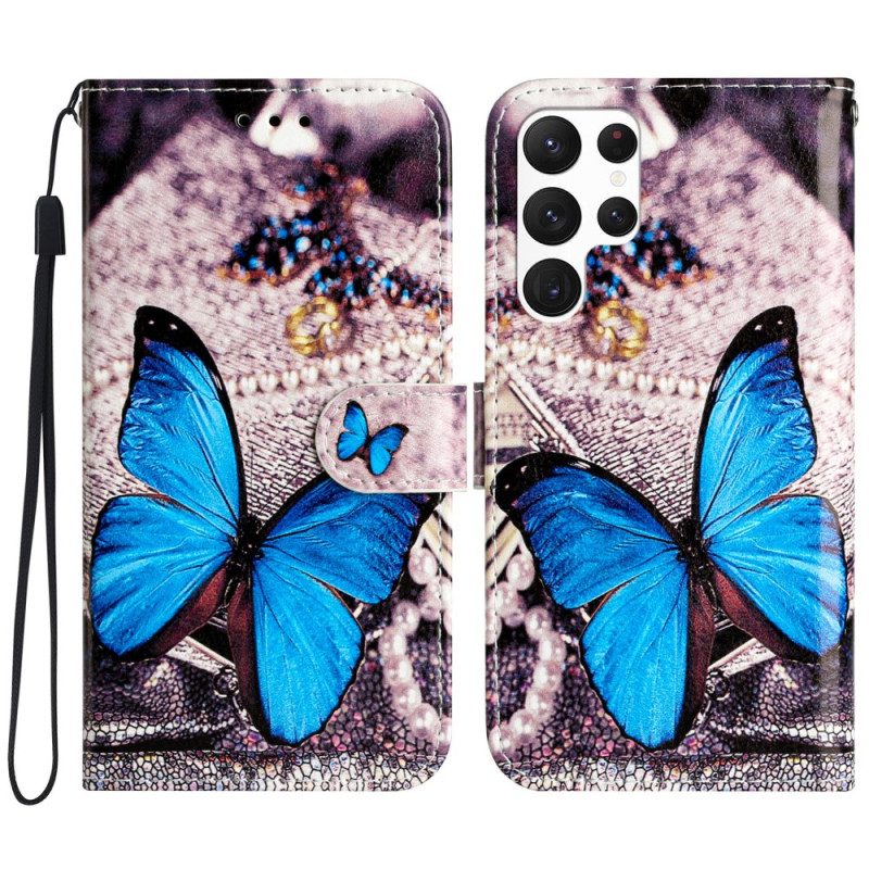 Leren Hoesje Voor Samsung Galaxy S24 Ultra 5g Blauwe Vlinder Met Riem