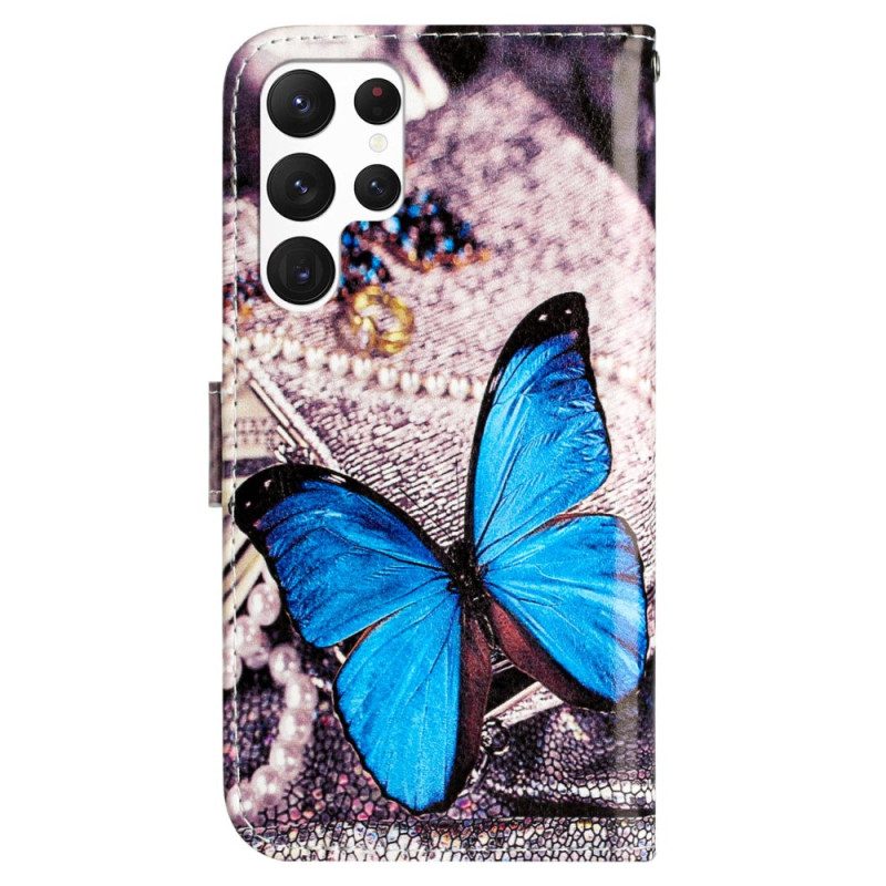 Leren Hoesje Voor Samsung Galaxy S24 Ultra 5g Blauwe Vlinder Met Riem