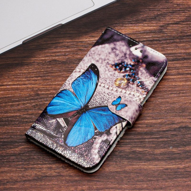 Leren Hoesje Voor Samsung Galaxy S24 Ultra 5g Blauwe Vlinder Met Riem