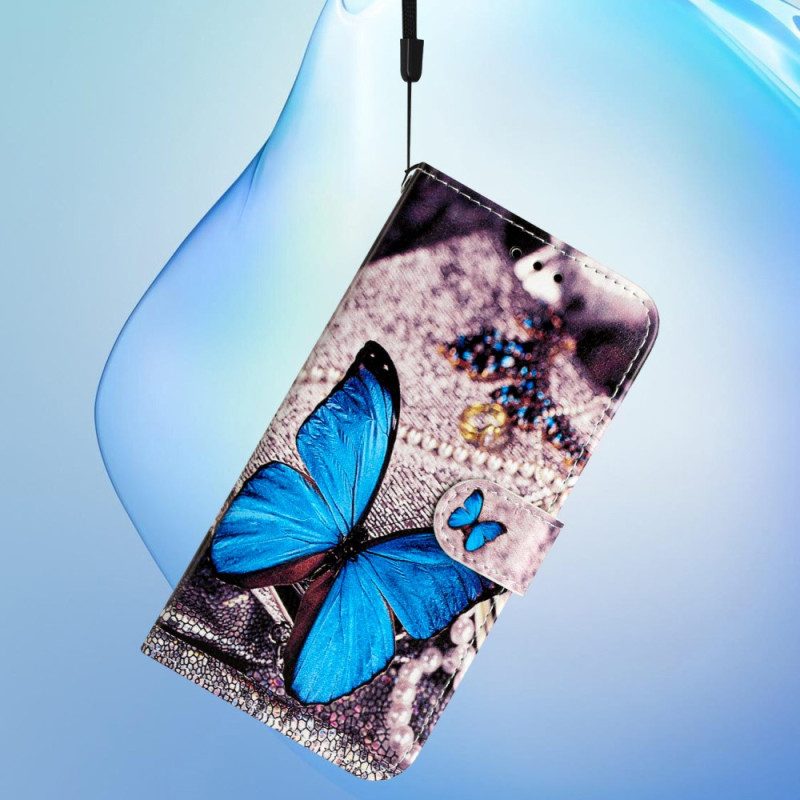 Leren Hoesje Voor Samsung Galaxy S24 Ultra 5g Blauwe Vlinder Met Riem