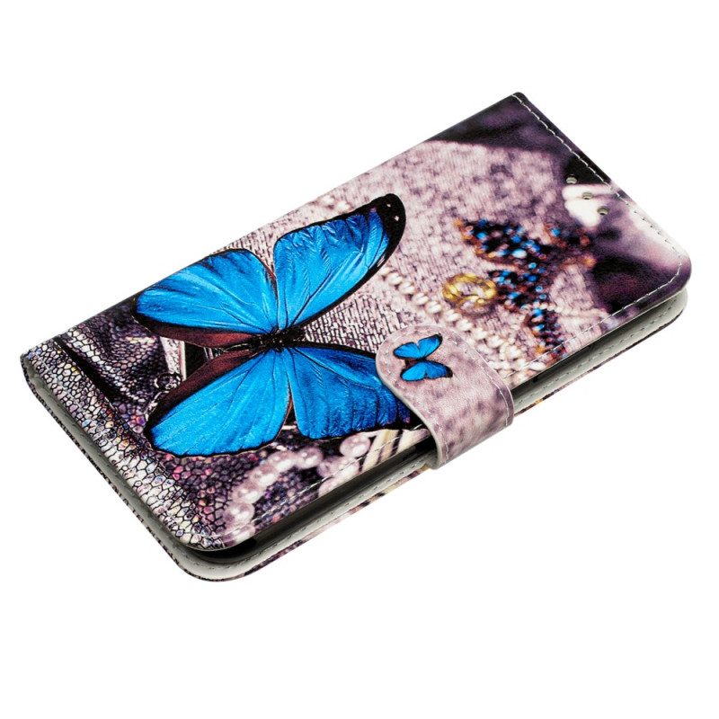 Leren Hoesje Voor Samsung Galaxy S24 Ultra 5g Blauwe Vlinder Met Riem