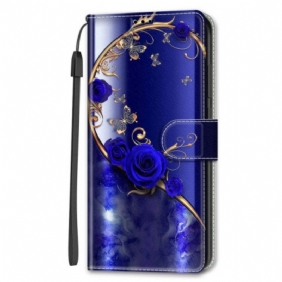 Leren Hoesje Voor Samsung Galaxy S24 Ultra 5g Blauwroze En Gouden Vlinders Met Riem