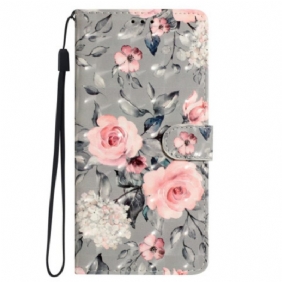 Leren Hoesje Voor Samsung Galaxy S24 Ultra 5g Bloemen Met Riempje