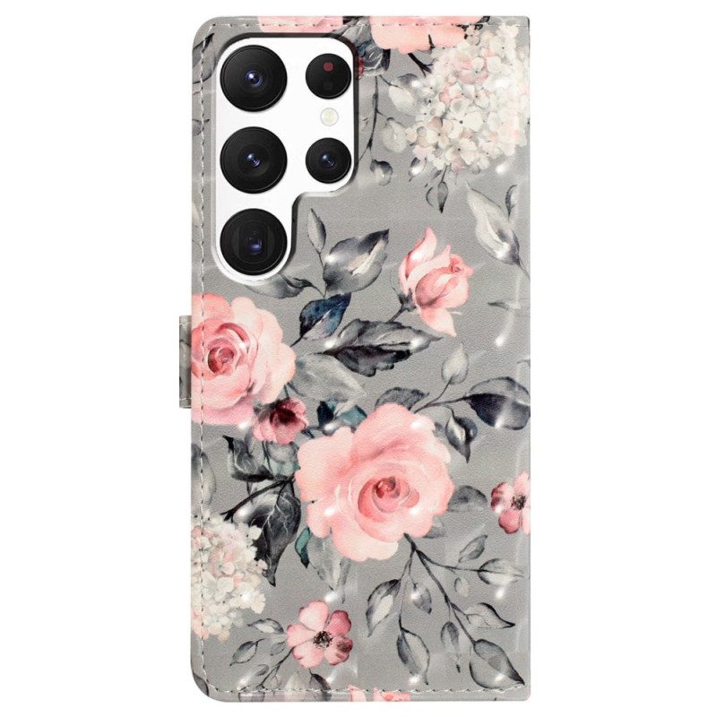 Leren Hoesje Voor Samsung Galaxy S24 Ultra 5g Bloemen Met Riempje