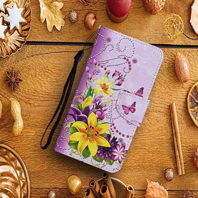 Leren Hoesje Voor Samsung Galaxy S24 Ultra 5g Gele Bloemen En Vlinders Met Riempje