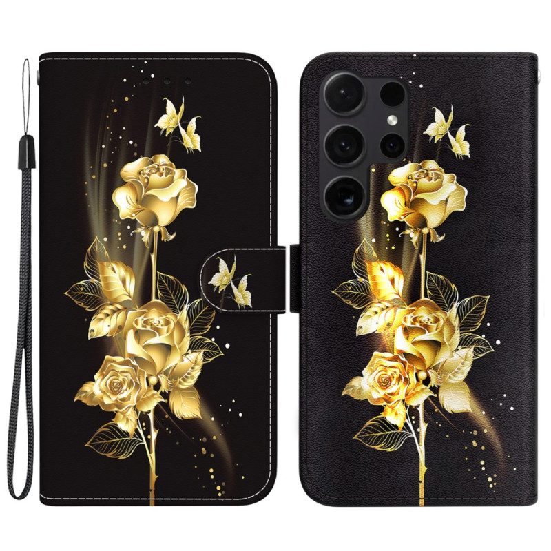 Leren Hoesje Voor Samsung Galaxy S24 Ultra 5g Gouden Vlinder En Roos Met Riempje