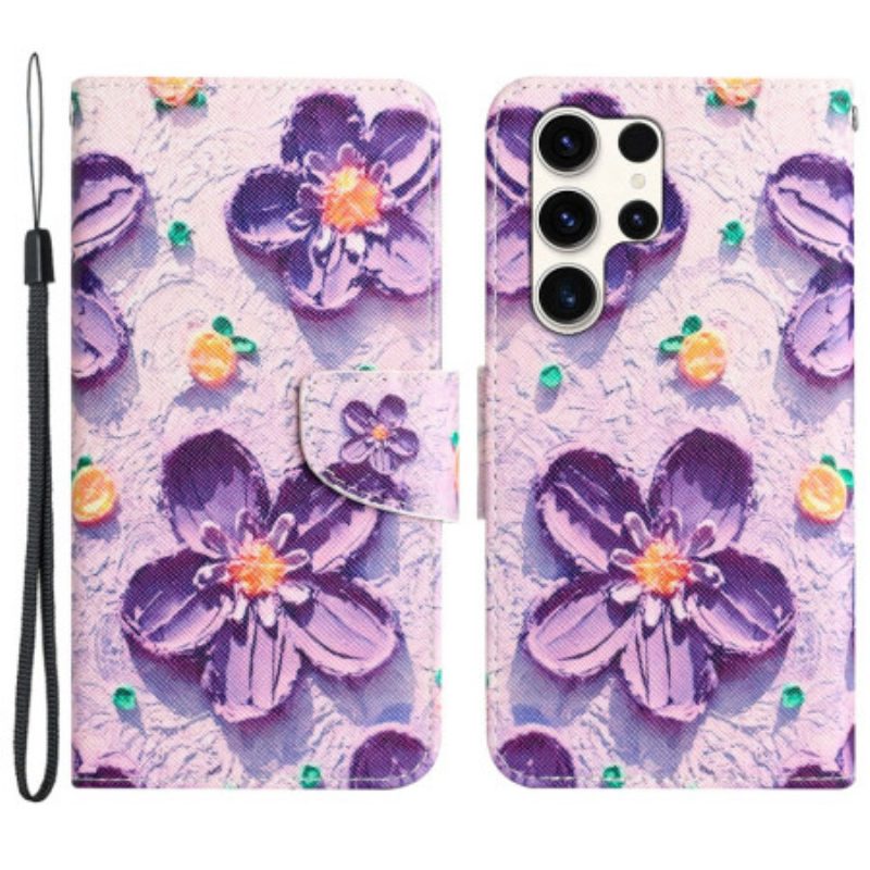 Leren Hoesje Voor Samsung Galaxy S24 Ultra 5g Paarse Bloemen Met Riempje