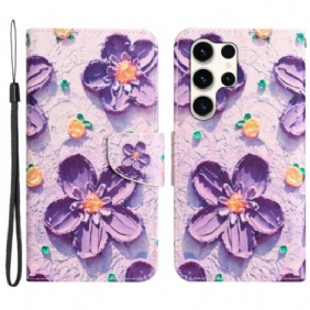 Leren Hoesje Voor Samsung Galaxy S24 Ultra 5g Paarse Bloemen Met Riempje