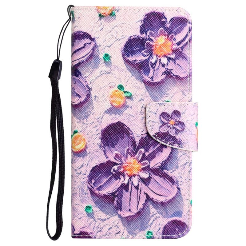 Leren Hoesje Voor Samsung Galaxy S24 Ultra 5g Paarse Bloemen Met Riempje