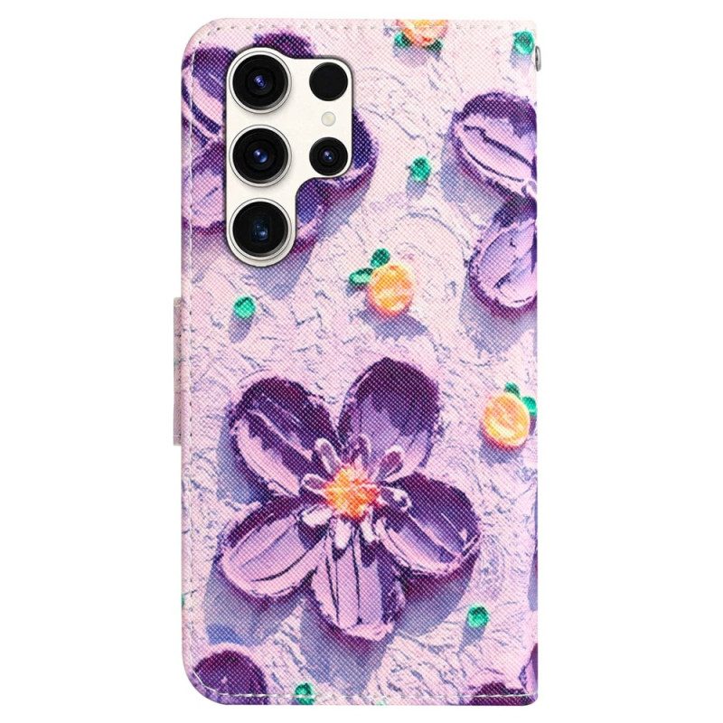 Leren Hoesje Voor Samsung Galaxy S24 Ultra 5g Paarse Bloemen Met Riempje