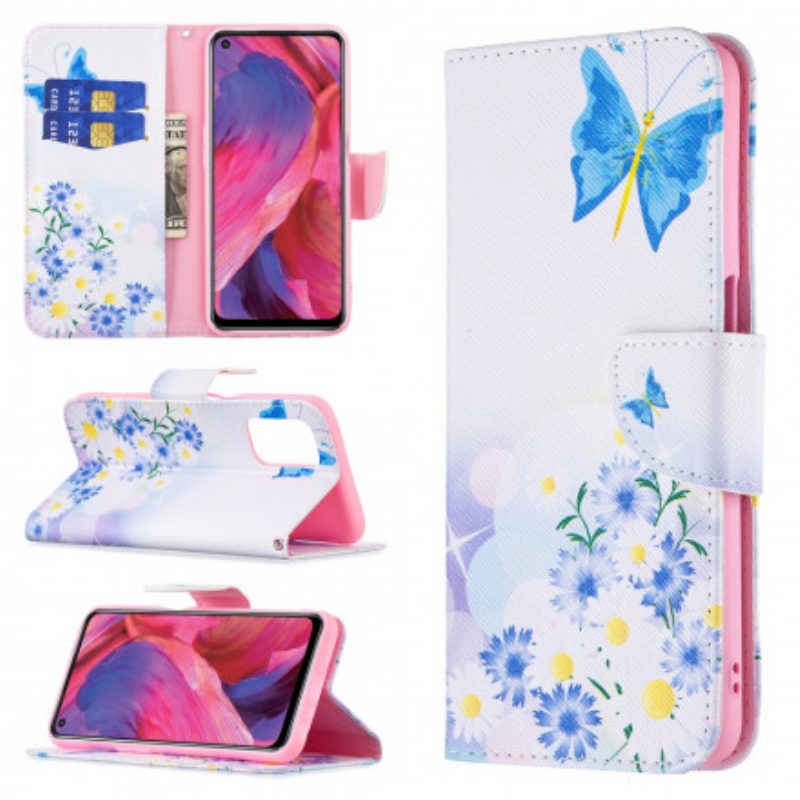 Folio-hoesje voor Oppo A54 5G / A74 5G Geschilderde Vlinders En Bloemen