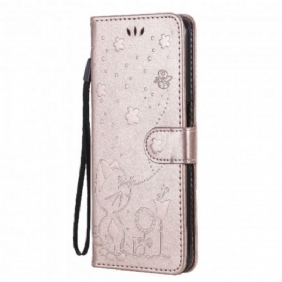 Folio-hoesje voor Oppo A54 5G / A74 5G Met Ketting Kat En Bij Met Lanyard