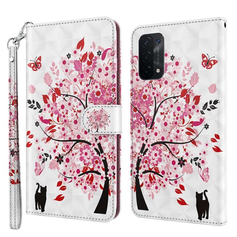 Folio-hoesje voor Oppo A54 5G / A74 5G Met Ketting Kat En Stringboom