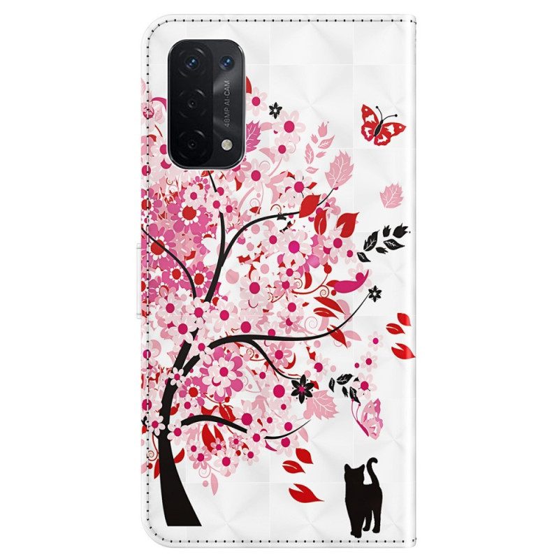 Folio-hoesje voor Oppo A54 5G / A74 5G Met Ketting Kat En Stringboom