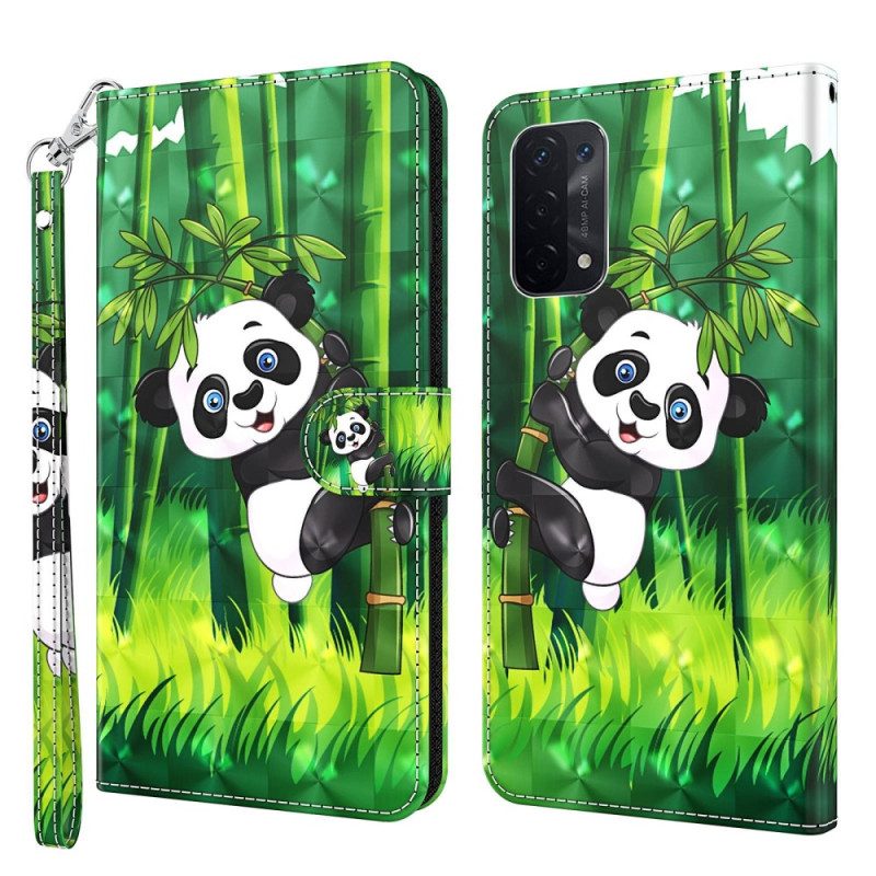 Folio-hoesje voor Oppo A54 5G / A74 5G Met Ketting Panda En Bamboe Met Lanyard