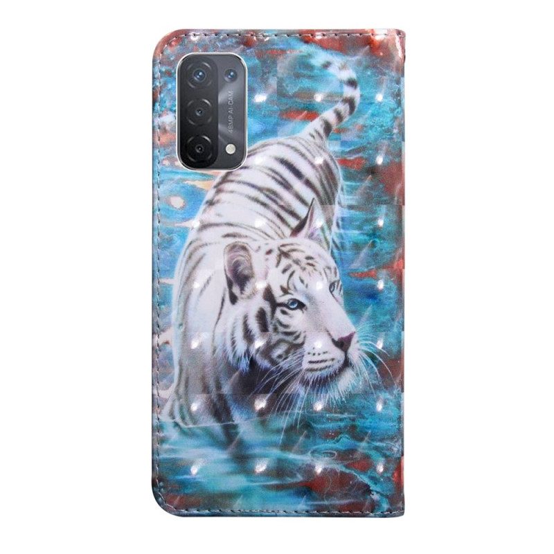 Folio-hoesje voor Oppo A54 5G / A74 5G Tijger Kunstleer Met Lanyard