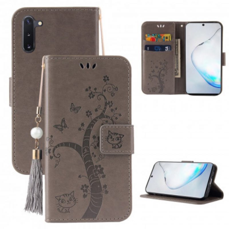 Folio-hoesje voor OnePlus Nord Met Ketting Boom En Kat Met Kraal Aan Lanyard