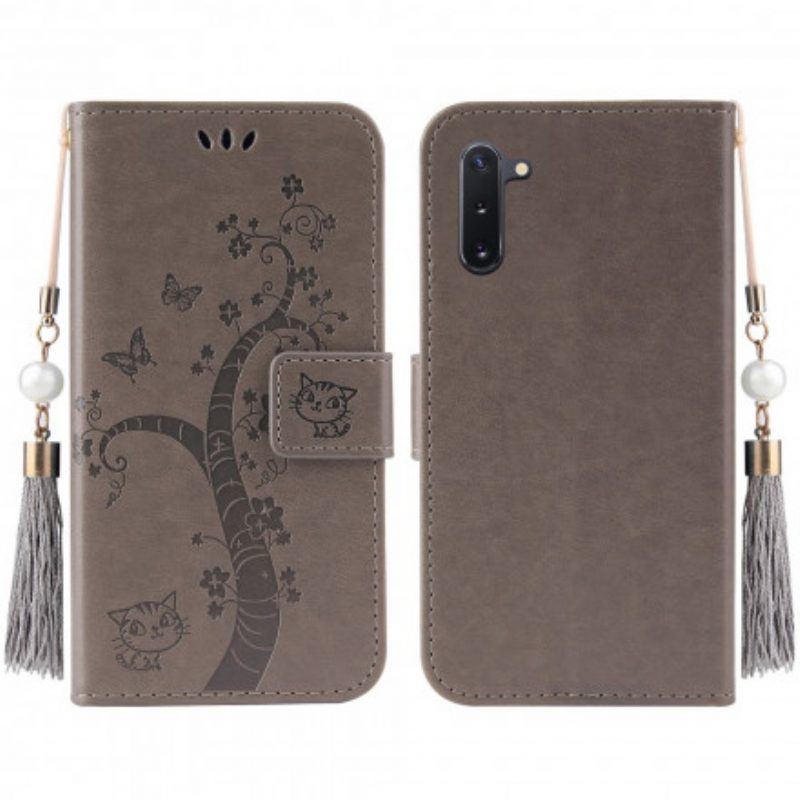 Folio-hoesje voor OnePlus Nord Met Ketting Boom En Kat Met Kraal Aan Lanyard