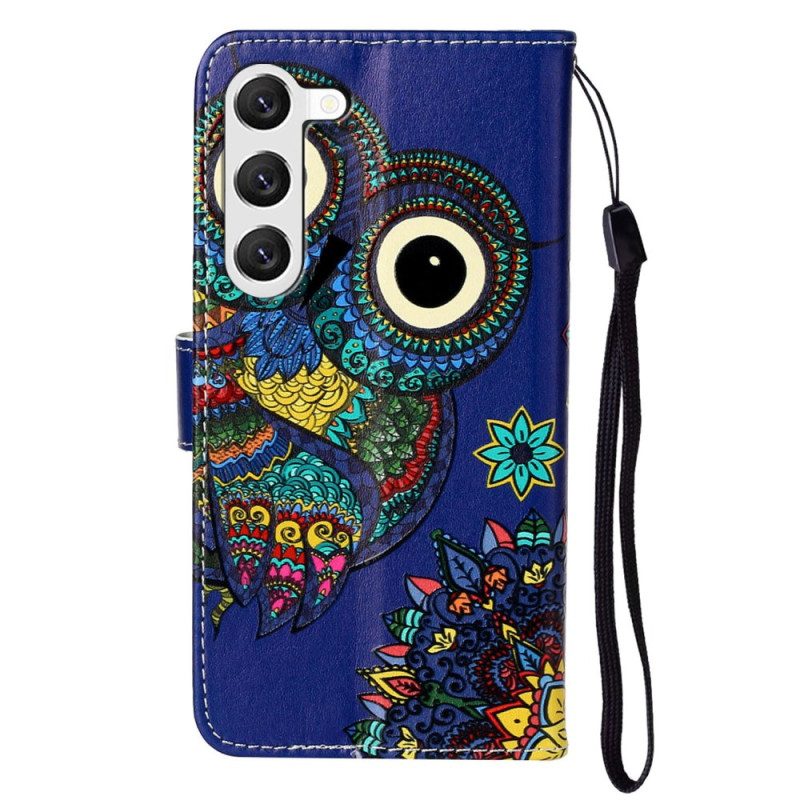 Flip Case Leren Samsung Galaxy S24 Plus 5g Blauwe Uil Met Riem