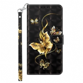 Flip Case Leren Samsung Galaxy S24 Plus 5g Gouden Vlinders Met Riem