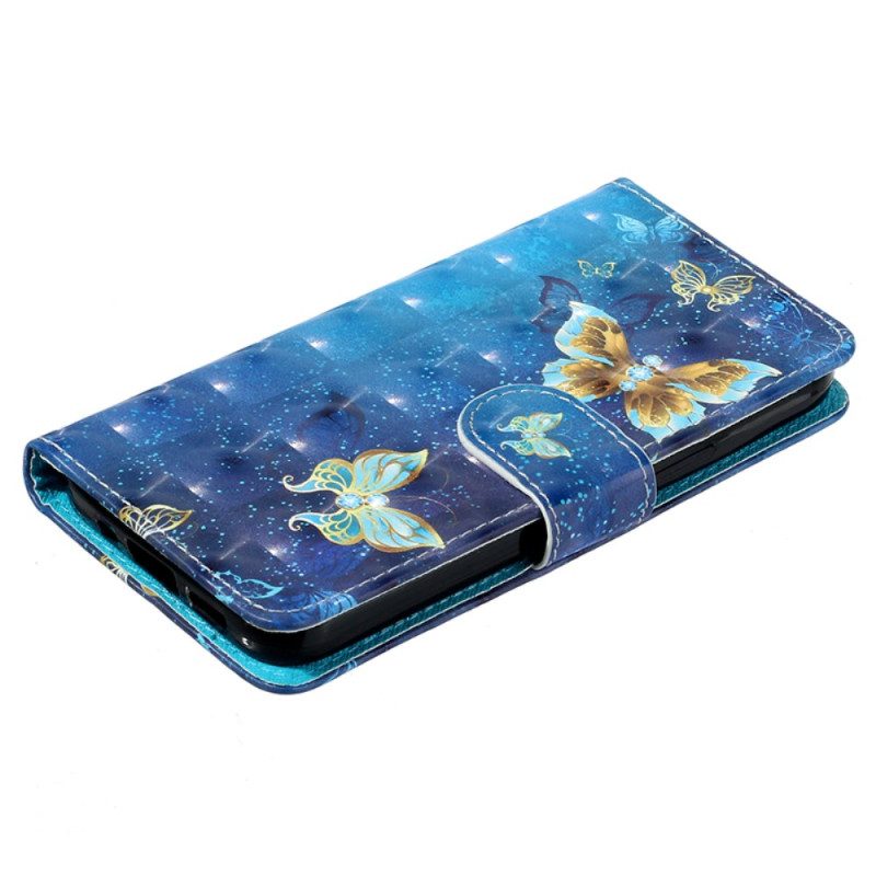 Folio-hoesje Samsung Galaxy S24 Plus 5g Telefoonhoesje Patroon Met Goudblauwe Vlinders