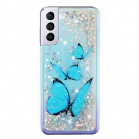 Hoesje Samsung Galaxy S24 Plus 5g Blauwe Vlinders Vloeibare Glitter Bescherming Hoesje