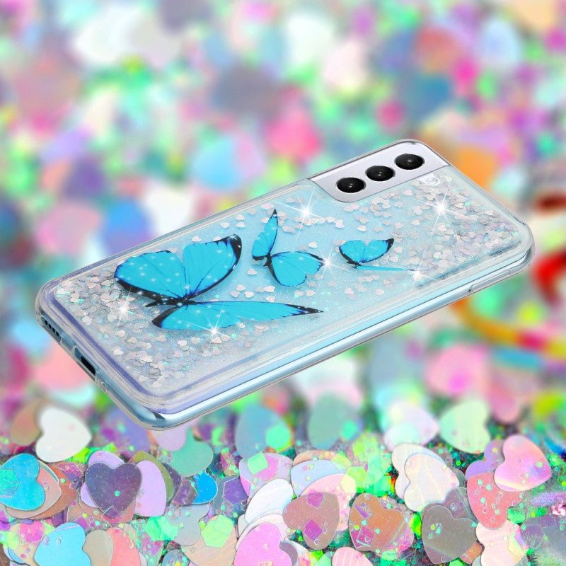 Hoesje Samsung Galaxy S24 Plus 5g Blauwe Vlinders Vloeibare Glitter Bescherming Hoesje