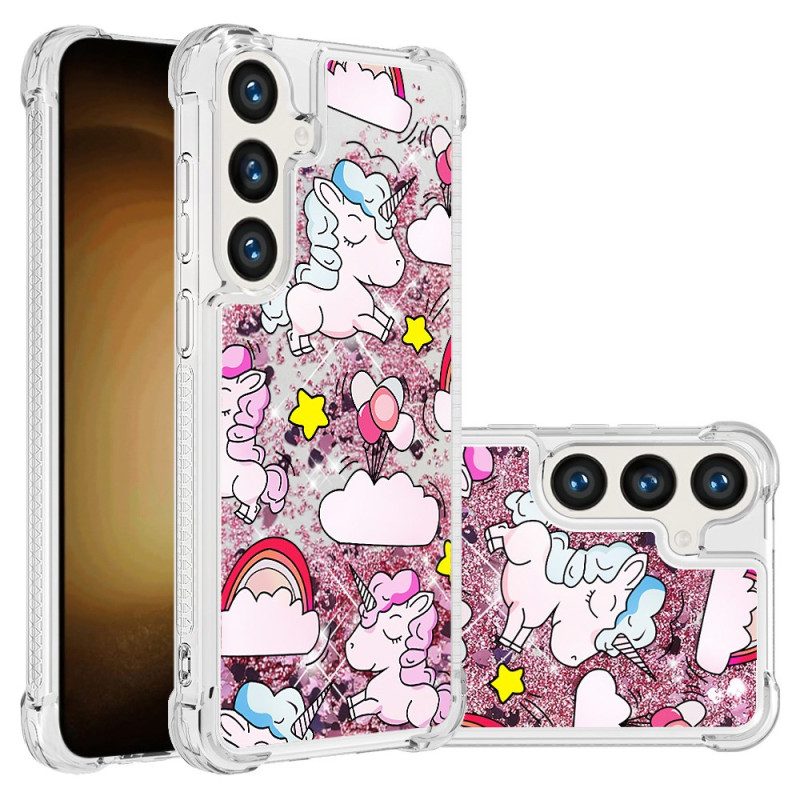 Hoesje Samsung Galaxy S24 Plus 5g Eenhoorns En Wolken Vloeibare Glitters