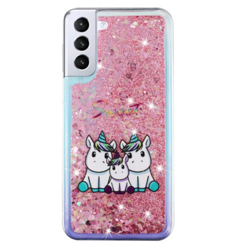 Hoesje Samsung Galaxy S24 Plus 5g Vloeibare Glitter Drie Eenhoorns