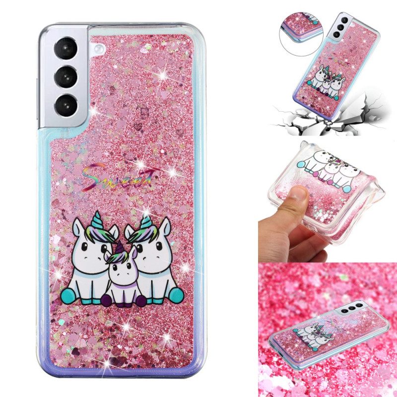 Hoesje Samsung Galaxy S24 Plus 5g Vloeibare Glitter Drie Eenhoorns