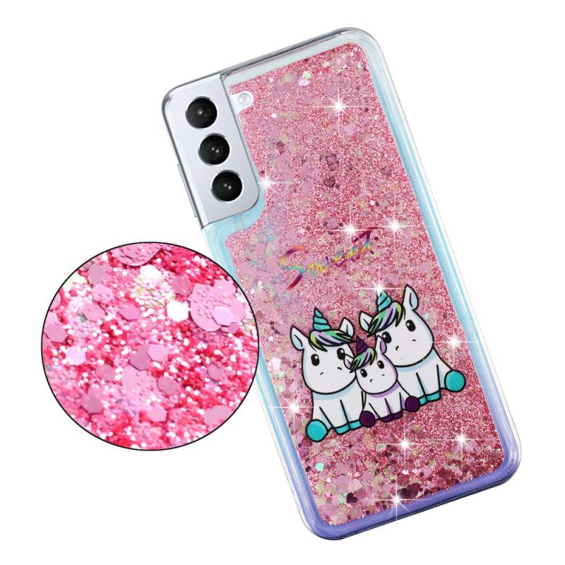 Hoesje Samsung Galaxy S24 Plus 5g Vloeibare Glitter Drie Eenhoorns