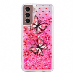 Hoesje Voor Samsung Galaxy S24 Plus 5g Rode Vlinders Vloeibare Glitters