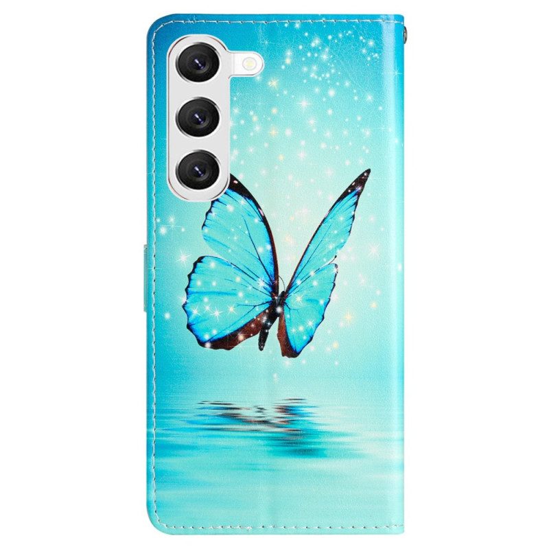 Leren Hoesje Samsung Galaxy S24 Plus 5g Blauwe Vlinder In Draagkoordvlucht Bescherming Hoesje