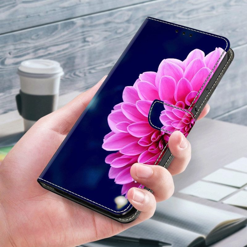 Leren Hoesje Samsung Galaxy S24 Plus 5g Roze Bloemen Op Blauwe Achtergrond Bescherming Hoesje