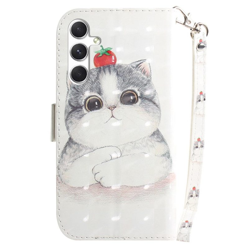 Leren Hoesje Samsung Galaxy S24 Plus 5g Schattige Kat Met Riem Bescherming Hoesje