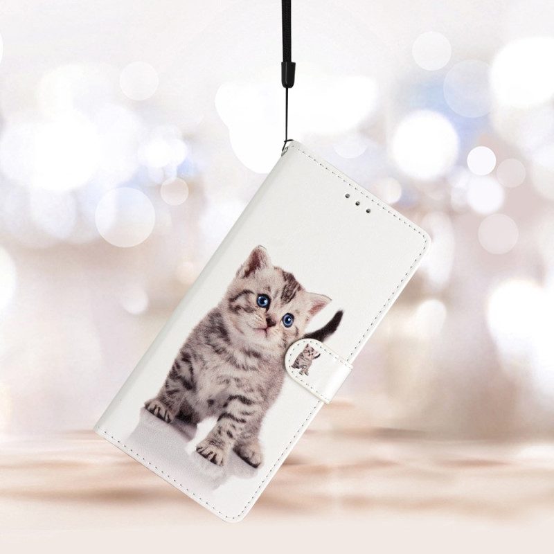 Leren Hoesje Samsung Galaxy S24 Plus 5g Schattige Kat Met Riem Bescherming Hoesje